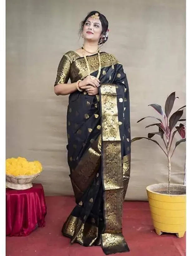 Black_Cotton_Silk_Temple_Border_Banarasi_Saree_For_Women