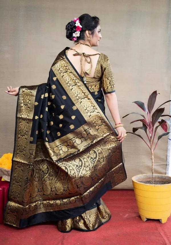 Black_Cotton_Silk_Temple_Border_Banarasi_Saree_For_Women