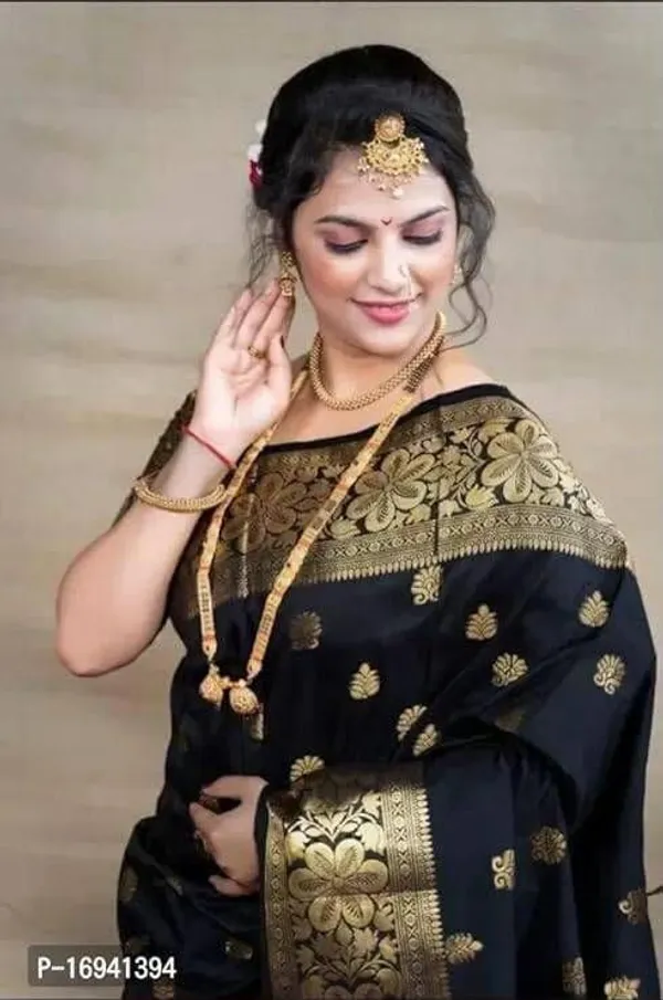Black_Cotton_Silk_Temple_Border_Banarasi_Saree_For_Women