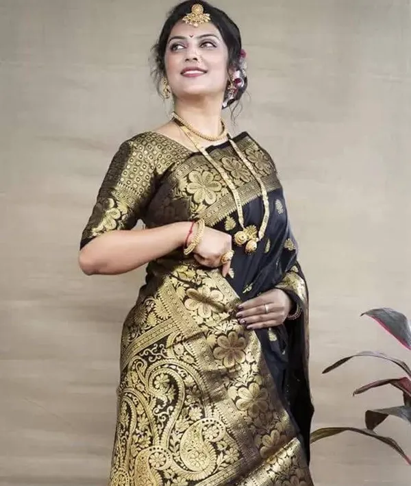 Black_Cotton_Silk_Temple_Border_Banarasi_Saree_For_Women