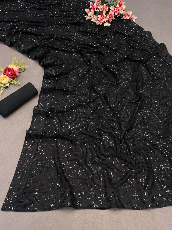 Black_Georgette_Embroidered_Sequence_Work_Saree_For_Women