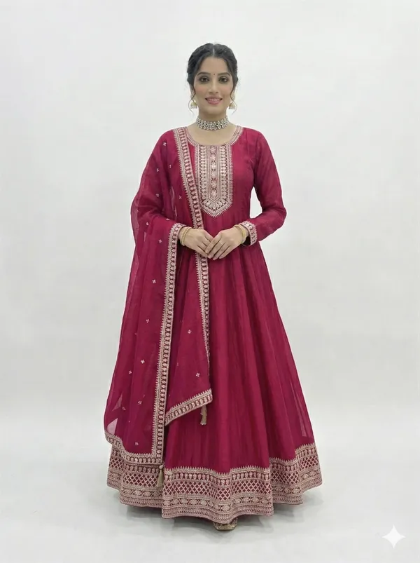 Vichitra_Silk_Fabric_Fully_Flare_Gown_With_Duppta_Set