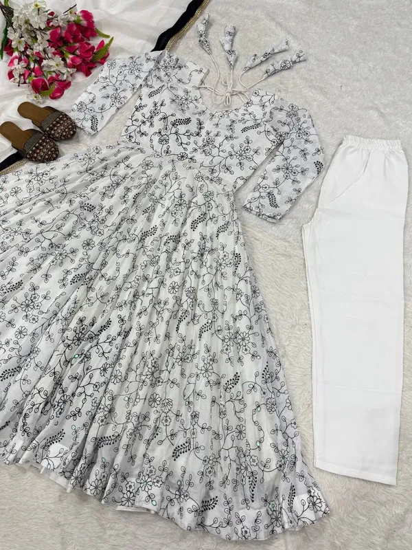 White_Color_Anarakali_Dress_in_Vichitra_Silk_Material_With_5mm_Sequence_And_Embroidery_Work_
