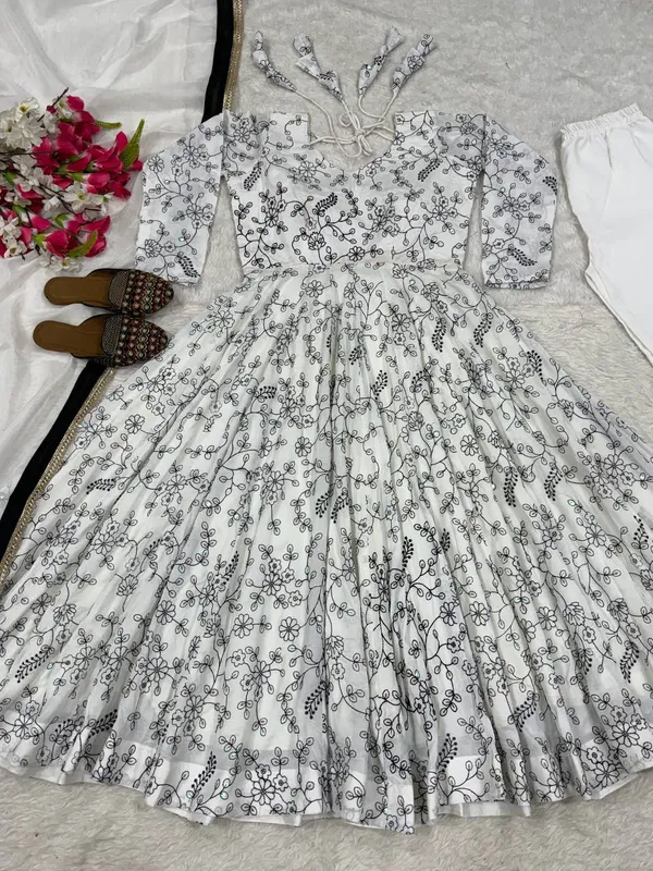 White_Color_Anarakali_Dress_in_Vichitra_Silk_Material_With_5mm_Sequence_And_Embroidery_Work_