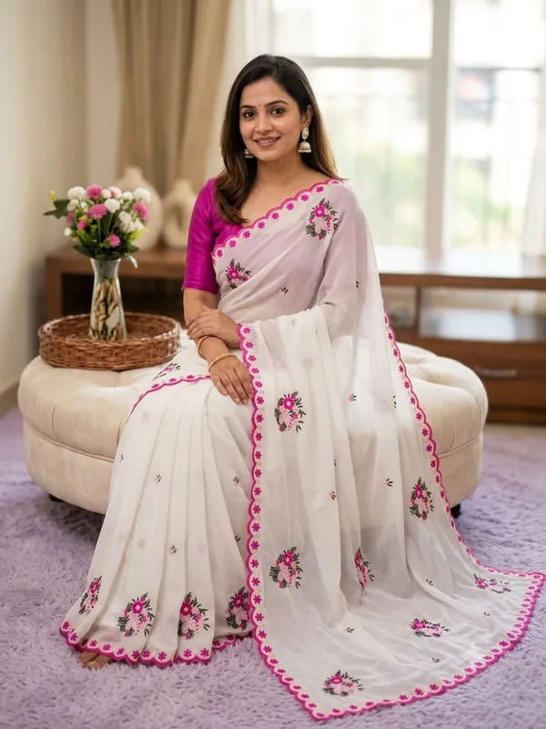 White_Color_Fancy_Saree_in_Georgette_Fabric