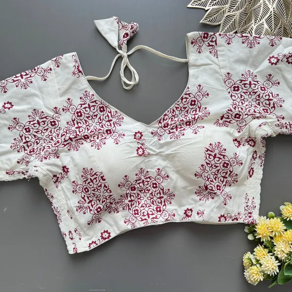 White_Maroon_Cotton_Blouse_Readymade