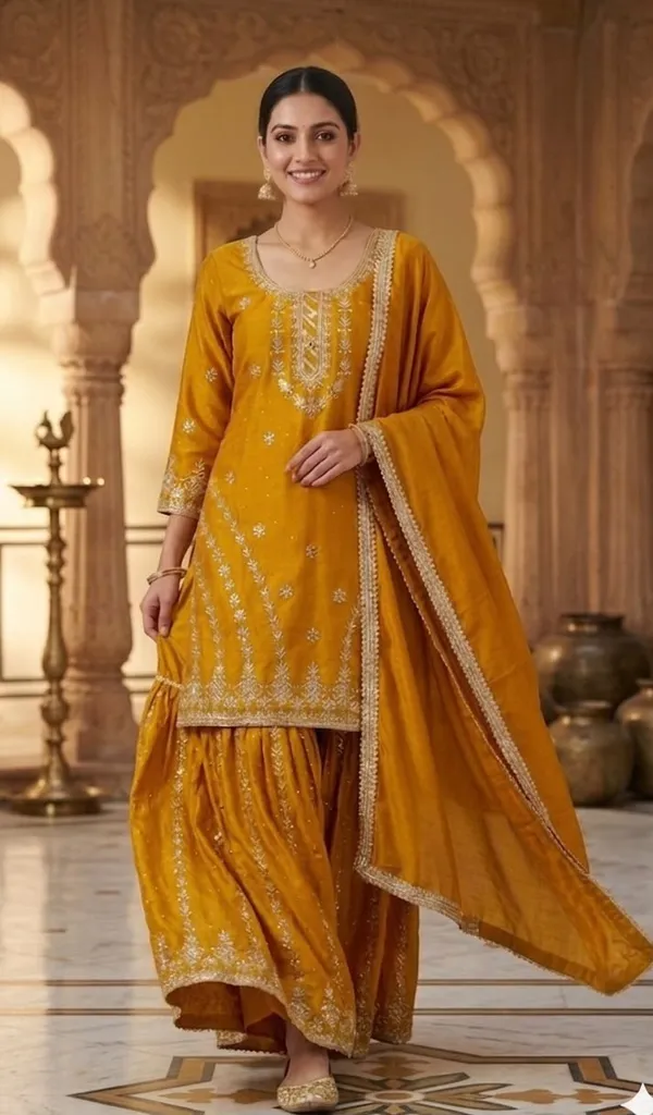 Yellow_Color_Sharara_Dress_in_Chinon_Fabric