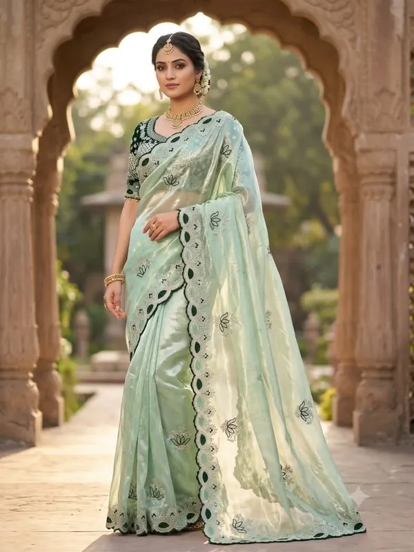 Light_Green_Satin_Silk_C-Pallu_Embroidery_Mirror_Work_Saree_For_Women