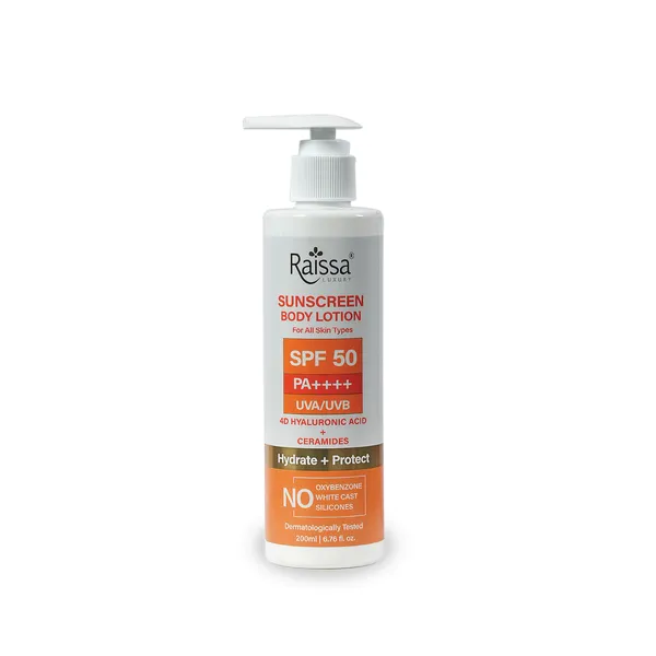 Raissa_SPF_50_Body_Sunscreen_Lotion,_200ml_|_Broad_Spectrum_UVA/UVB_PA++++_|_4D_Hyaluronic_Acid_+_Ceramides_+_Niacinamide_+_Cica_|_Hydrating,_Non-Sticky,_No_Whitecast_|_For_All_Skin_Types,_Men_&_Women