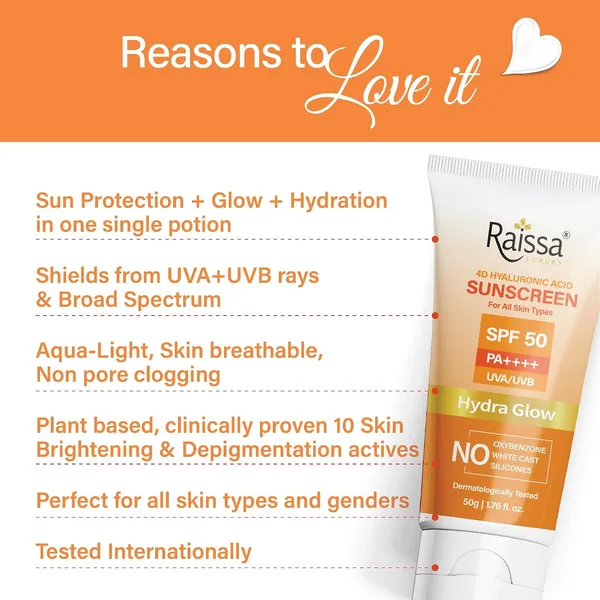 Raissa_Hydra_Glow_De-Tan_Sunscreen_SPF_50_PA++++_|_No_Whitecast,_Non-Greasy,_Brightening_&_Hydrating_|_4D_Hyaluronic_Acid_&_Niacinamide_|_Broad_Spectrum_UVA/UVB_Protection_|_50g_Best_for_Summers