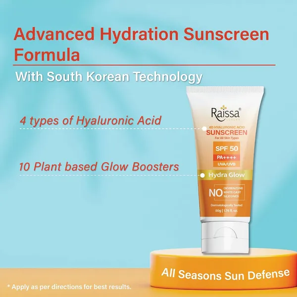 Raissa_Hydra_Glow_De-Tan_Sunscreen_SPF_50_PA++++_|_No_Whitecast,_Non-Greasy,_Brightening_&_Hydrating_|_4D_Hyaluronic_Acid_&_Niacinamide_|_Broad_Spectrum_UVA/UVB_Protection_|_50g_Best_for_Summers