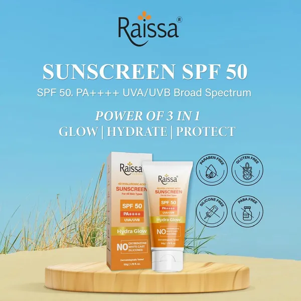 Raissa_Hydra_Glow_De-Tan_Sunscreen_SPF_50_PA++++_|_No_Whitecast,_Non-Greasy,_Brightening_&_Hydrating_|_4D_Hyaluronic_Acid_&_Niacinamide_|_Broad_Spectrum_UVA/UVB_Protection_|_50g_Best_for_Summers