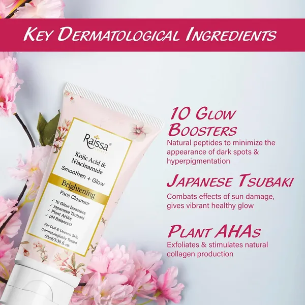Raissa_Brightening_Face_Wash_Cleanser_Soap_Free_with_Kojic_Acid,_Niacinamide,_Glow_Boosters_for_Dull,_Uneven_Skin|_Tan_removal,_Depigmentation,_dark_spot_correction|_Japanese_Tsubaki_&_Plant_AHAs|50ml_-_Pack_of_2