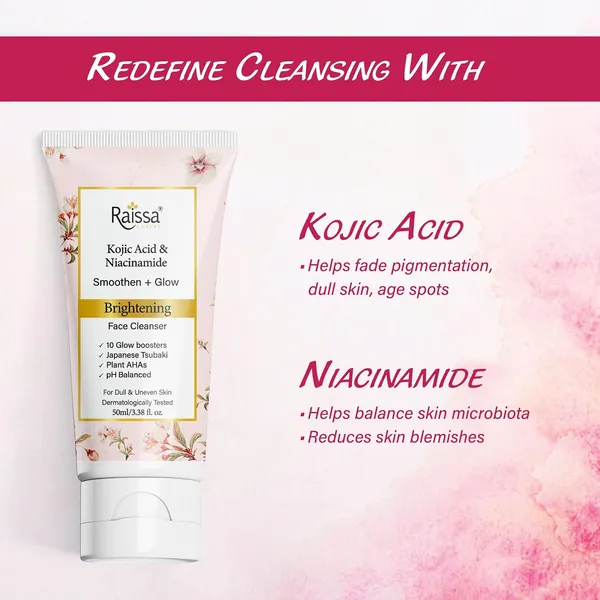 Raissa_Brightening_Face_Wash_Cleanser_Soap_Free_with_Kojic_Acid,_Niacinamide,_Glow_Boosters_for_Dull,_Uneven_Skin|_Tan_removal,_Depigmentation,_dark_spot_correction|_Japanese_Tsubaki_&_Plant_AHAs|50ml_-_Pack_of_2