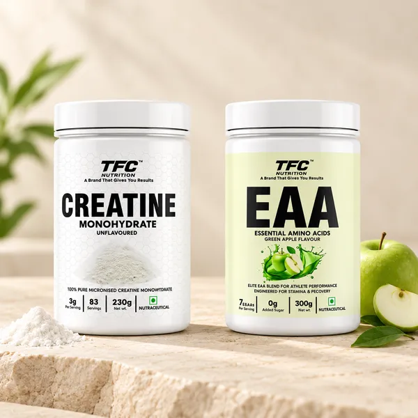 TFC_Creatine_Monohydrate_And_EAA_Amino_Stack_Unflavoured_And_Green_Apple_Pack_Of_2