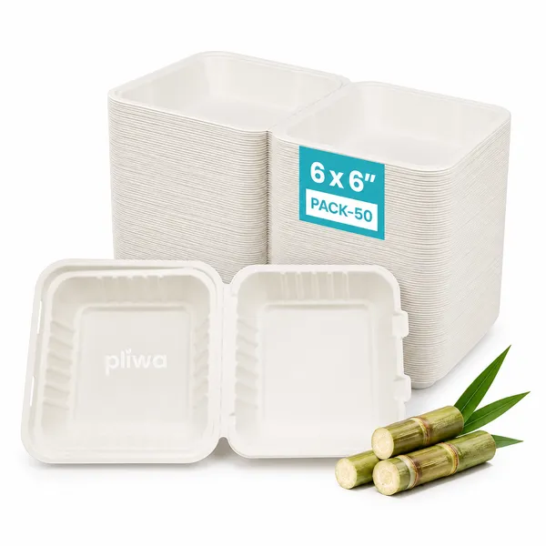 Pliwa_|_Disposable_Clamshell_|_Burger_Box_|_6X6_|_For_Takeaway_&_Food_Storage_|_Non_Toxic,_Compostable_|_Sturdy,_Microwave_Safe,_Leak-Resistant_|_Eco-Friendly_Square_Clamshell_(White)_-_Pack_Of_50