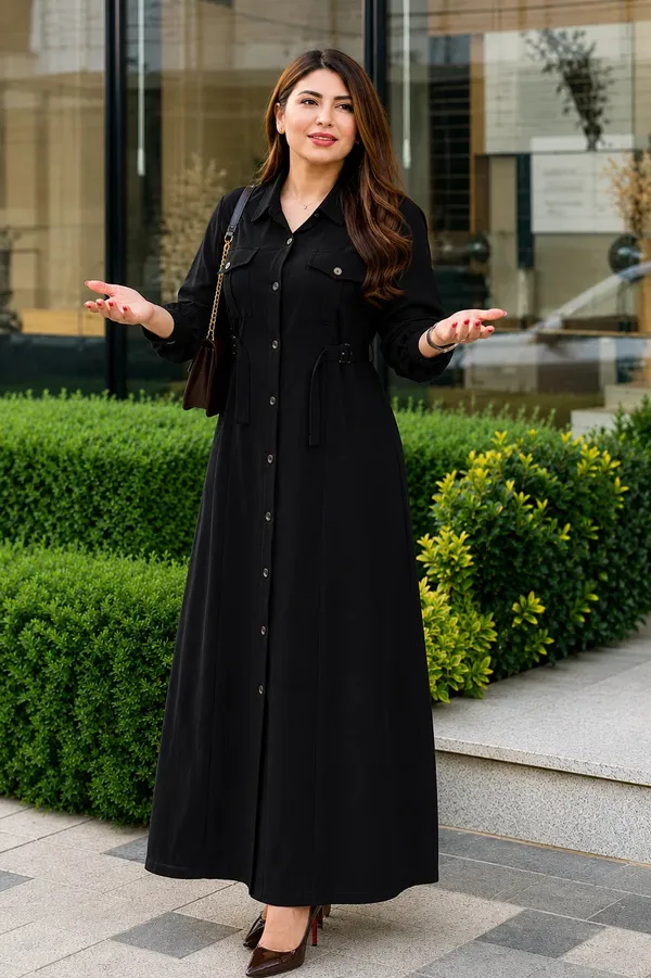 Black_Rayon_Shirt_Style_Maxi_Dress_With_Belt_For_Women