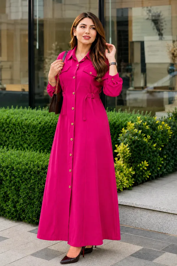Yellow_Rayon_Shirt_Style_Maxi_Dress_With_Belt_For_Women