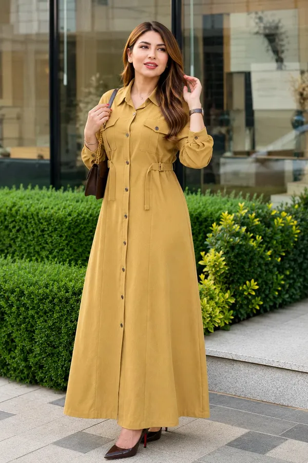 Yellow_Rayon_Shirt_Style_Maxi_Dress_With_Belt_For_Women