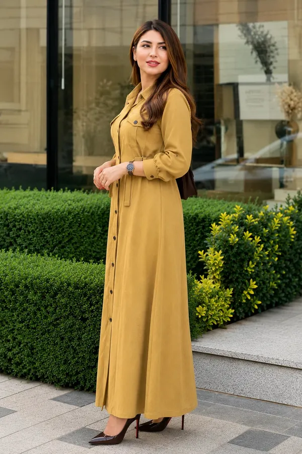 Yellow_Rayon_Shirt_Style_Maxi_Dress_With_Belt_For_Women