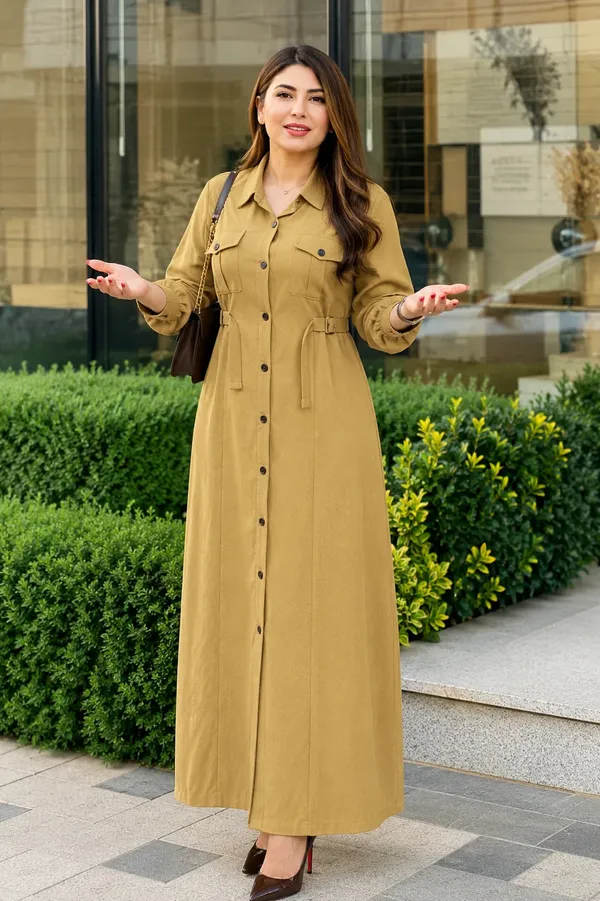 Yellow_Rayon_Shirt_Style_Maxi_Dress_With_Belt_For_Women