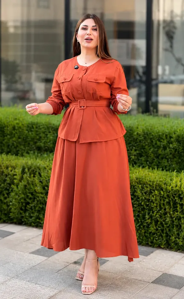 Orange_Rayon_Regular_Fit_Co_Ord_Set_With_Belt_For_Women