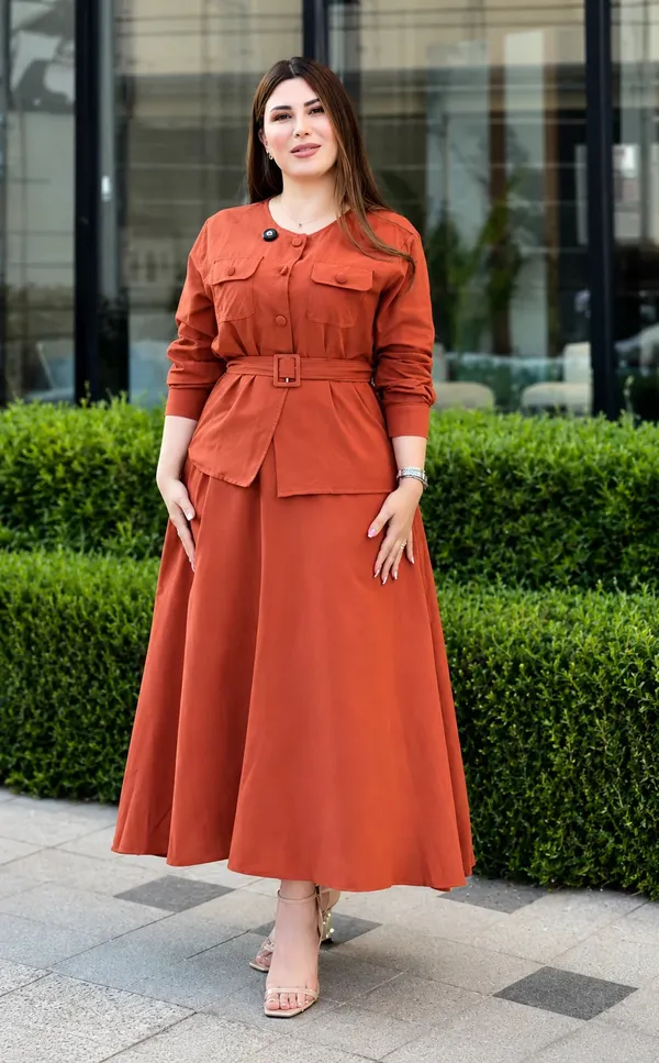 Orange_Rayon_Regular_Fit_Co_Ord_Set_With_Belt_For_Women