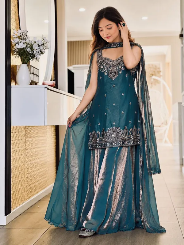 Teal_Embroidered_Flared_Suit_Set_for_Women