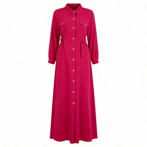 Pink_Rayon_Shirt_Style_Maxi_Dress_With_Belt_For_Women