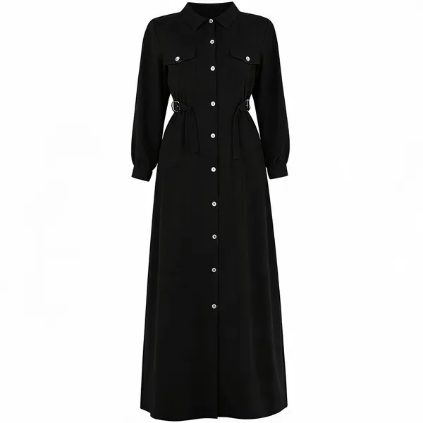 Black_Rayon_Shirt_Style_Maxi_Dress_With_Belt_For_Women