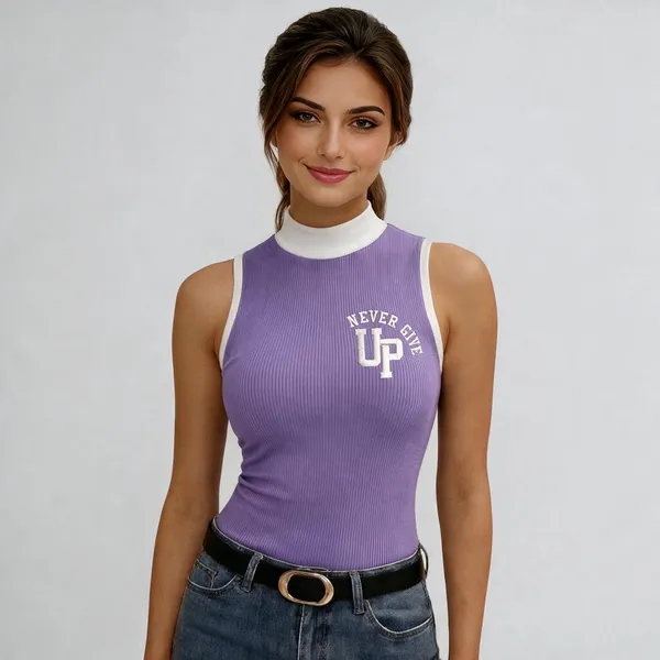Purple_Rib_Fitted_High_Neck_Top_For_Women