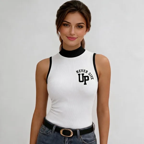 White_Rib_Sleeveless_High_Neck_Top_For_Women