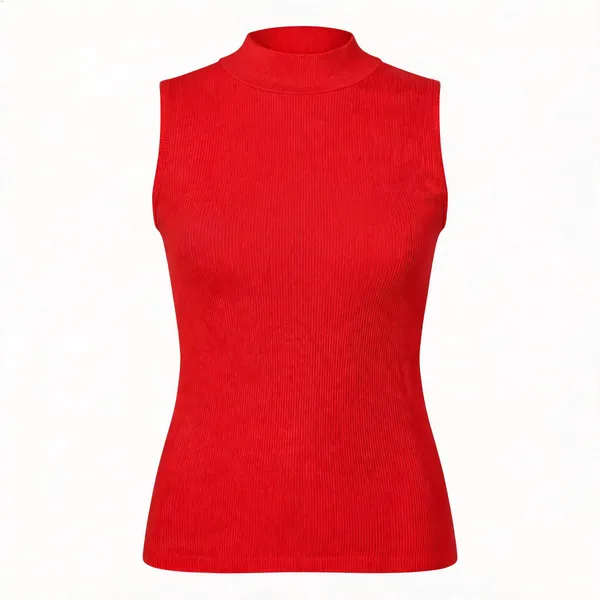 Red_Rib_Fitted_Sleeveless_High_Neck_Top_For_Women