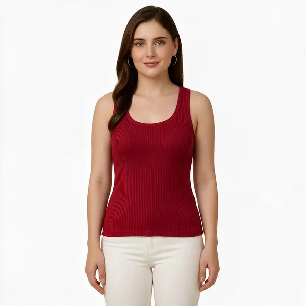 Red_Rib_Fitted_Sleeveless_Tank_Top_For_Women