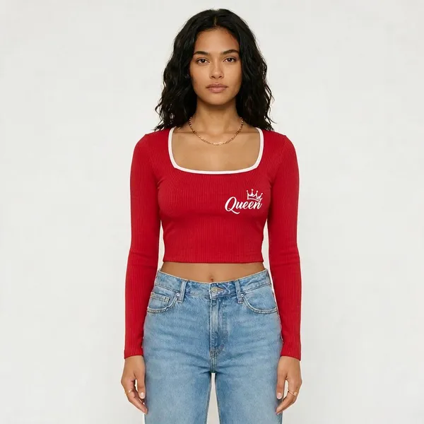 Red_Rib_Fitted_Long_Sleeve_Crop_Top_For_Women