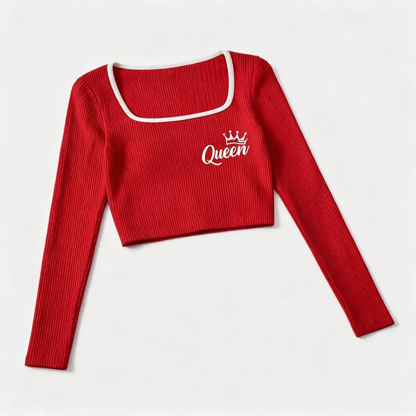 Red_Rib_Fitted_Long_Sleeve_Crop_Top_For_Women