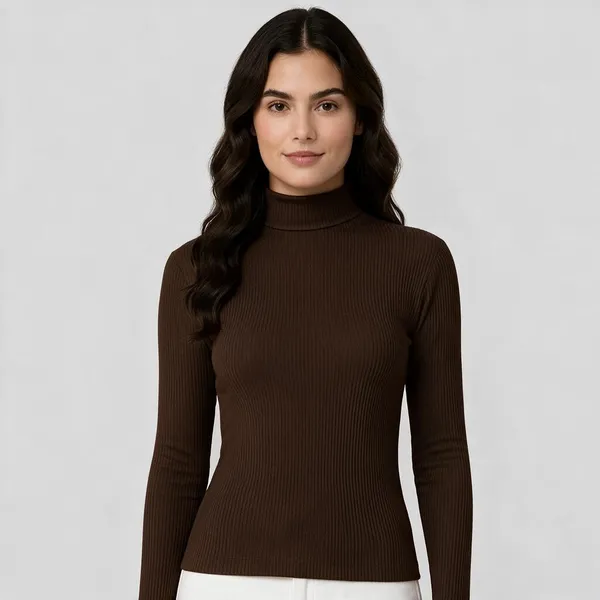 Brown_Rib_Slim_Fit_Turtleneck_Top_For_Women