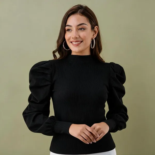 Black_Rib_Puff_Sleeve_High_Neck_Top_For_Women