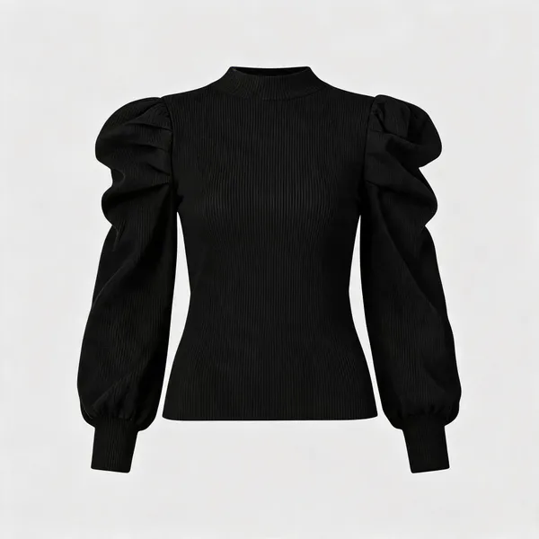 Black_Rib_Puff_Sleeve_High_Neck_Top_For_Women