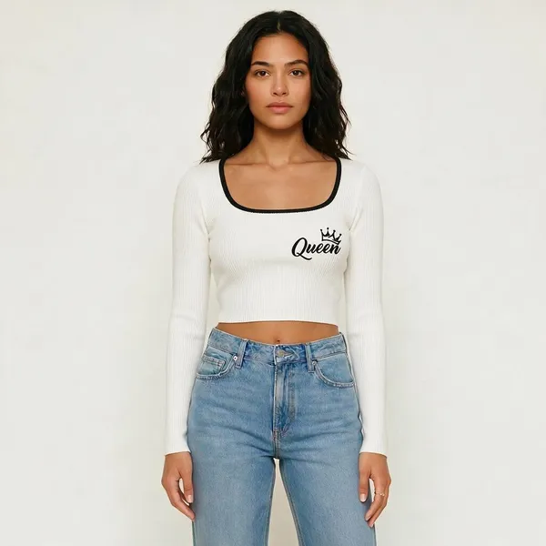 White_Rib_Fitted_Long_Sleeve_Crop_Top_For_Women