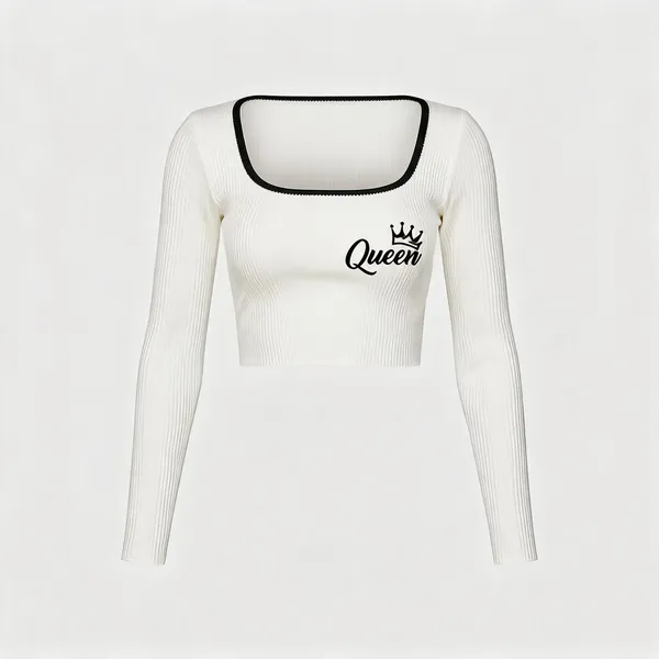 White_Rib_Fitted_Long_Sleeve_Crop_Top_For_Women