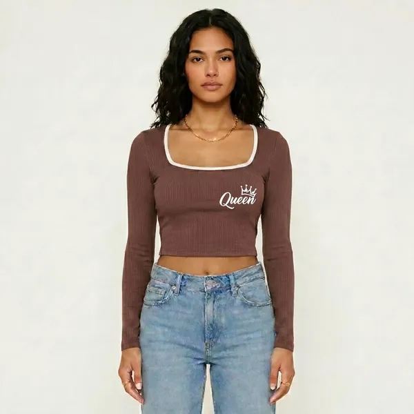 Brown_Rib_Slim_Fit_Long_Sleeve_Crop_Top_For_Women