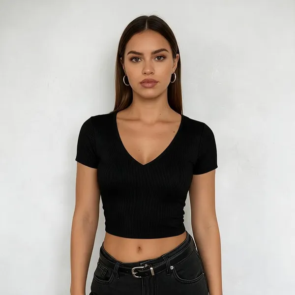 Black_Rib_Fitted_V-Neck_Crop_Top_For_Women