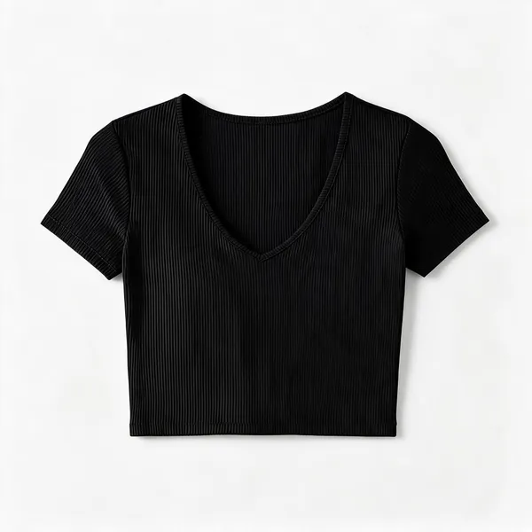 Black_Rib_Fitted_V-Neck_Crop_Top_For_Women