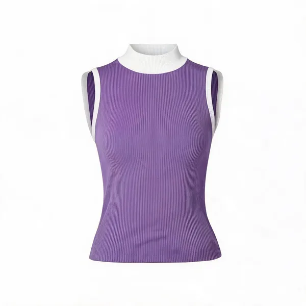 Purple_Rib_Fitted_Contrast_High_Neck_Top_For_Women