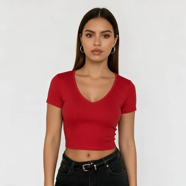 Red_Rib_Slim_Fit_V-Neck_Crop_Top_For_Women