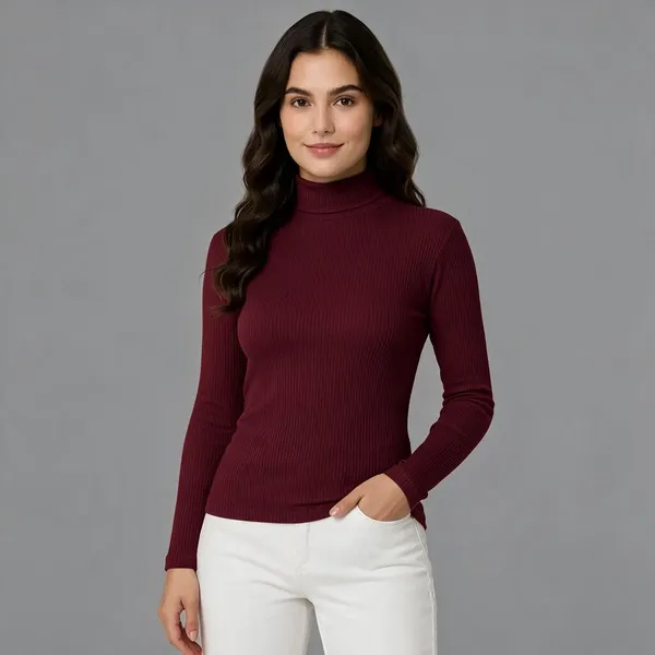Maroon_Rib_Full_Sleeve_High_Neck_Top_For_Women