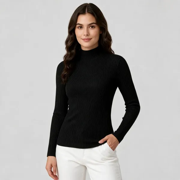 Black_Rib_Slim_Fit_High_Neck_Top_For_Women