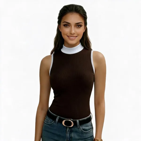 Brown_Rib_Sleeveless_High_Neck_Top_For_Women