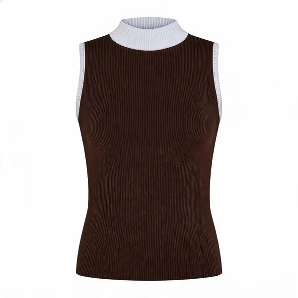Brown_Rib_Sleeveless_High_Neck_Top_For_Women